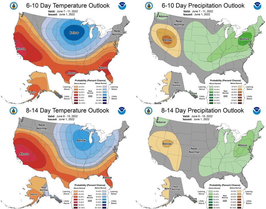 The 6-10 day (June 7-11, top) and 8-14 day (June 9-15, bottom) outlooks for temperature (left) and precipitation (right).